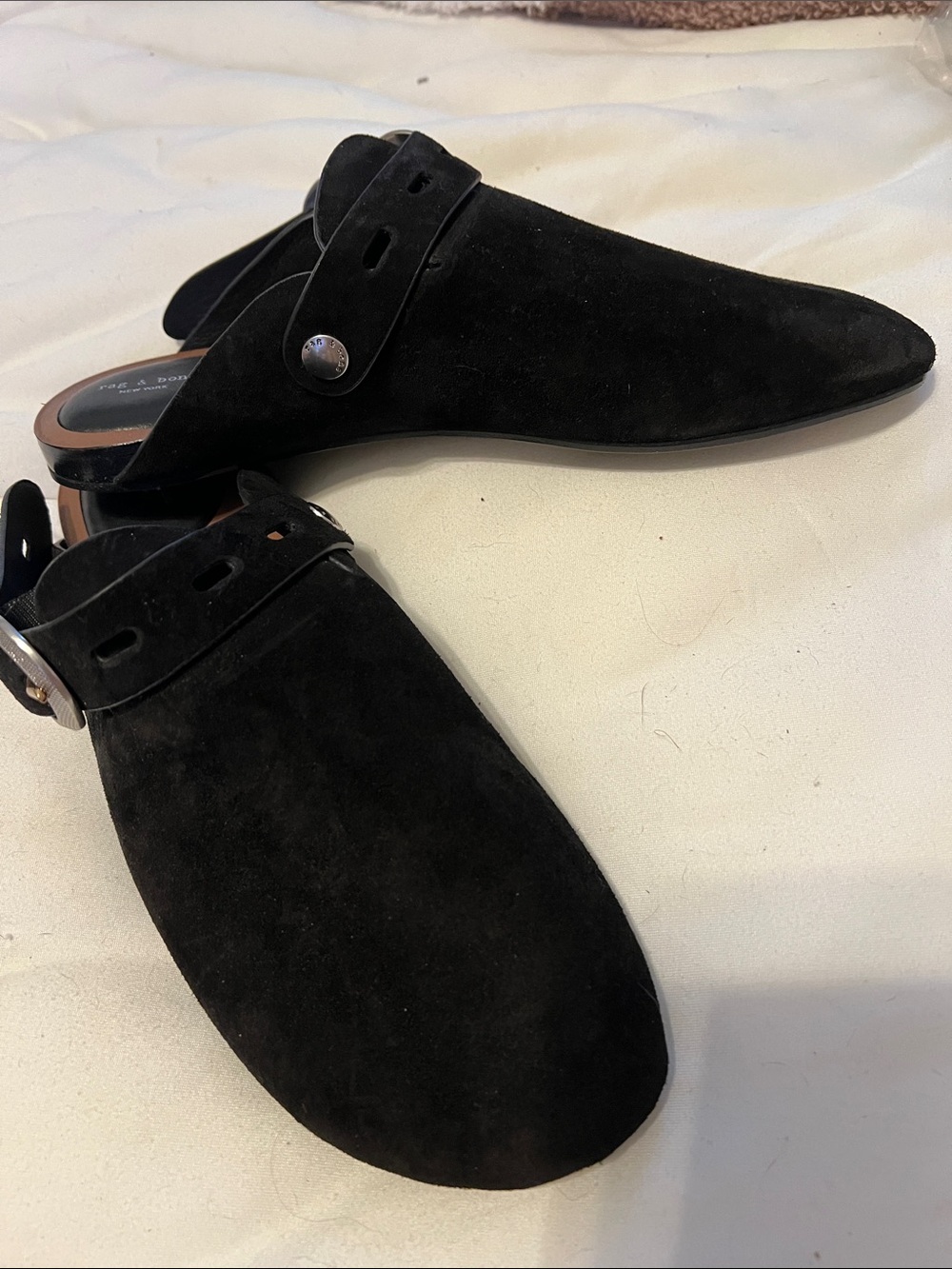 rag & bone Black Suede Backless Loafers with Stud Accent